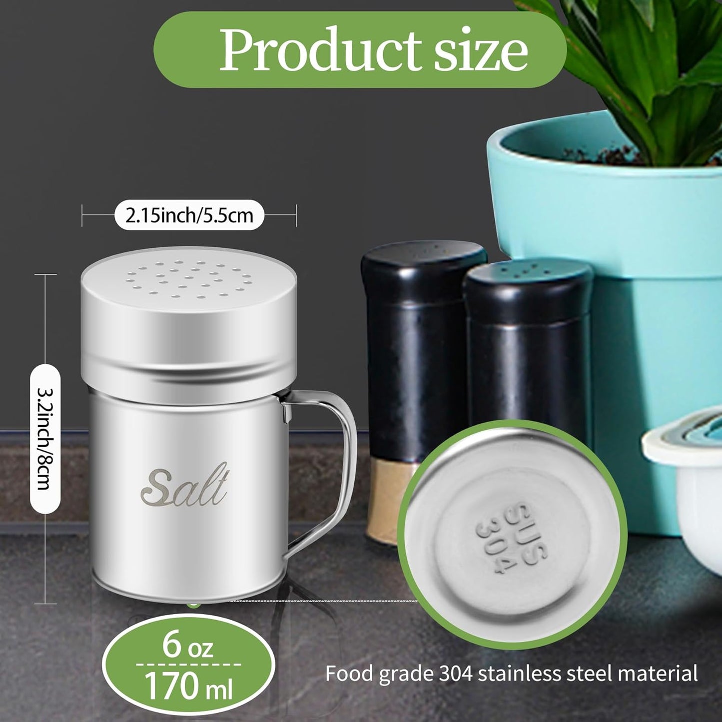 Stainless Steel Salt and Pepper Shakers Set, 6 OZ Seasoning Spice Shaker with Lid and Handle Medium Holes, Metal Dredge Shaker for Powder Sugar Cooking Kitchen Baking (2 Pieces)