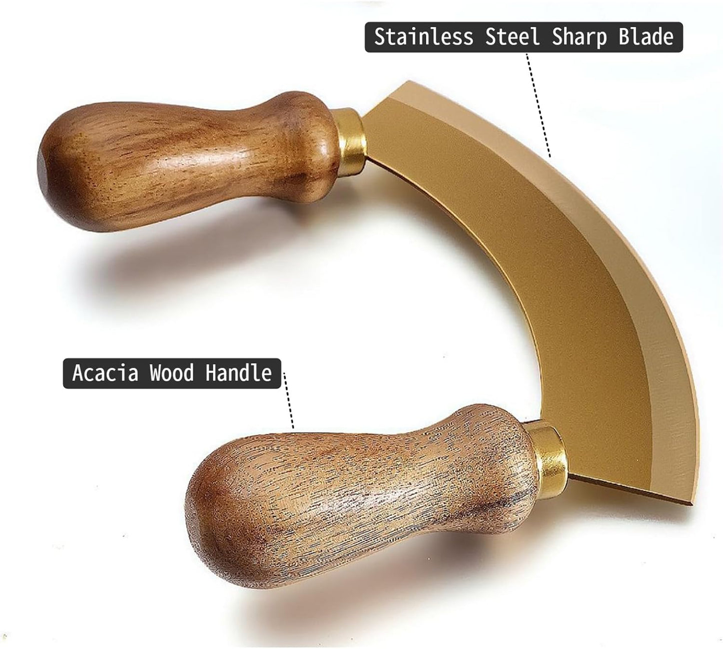 5.4 Inch Stainless Steel Mezzaluna Knife - Salad Chopper Rocker Pizza Cutter Rocker Knife Curved Blade Sharp Blade Double Acacia Wood Handle Fruit Vegetable Mincing (5.4 Inch Gold)