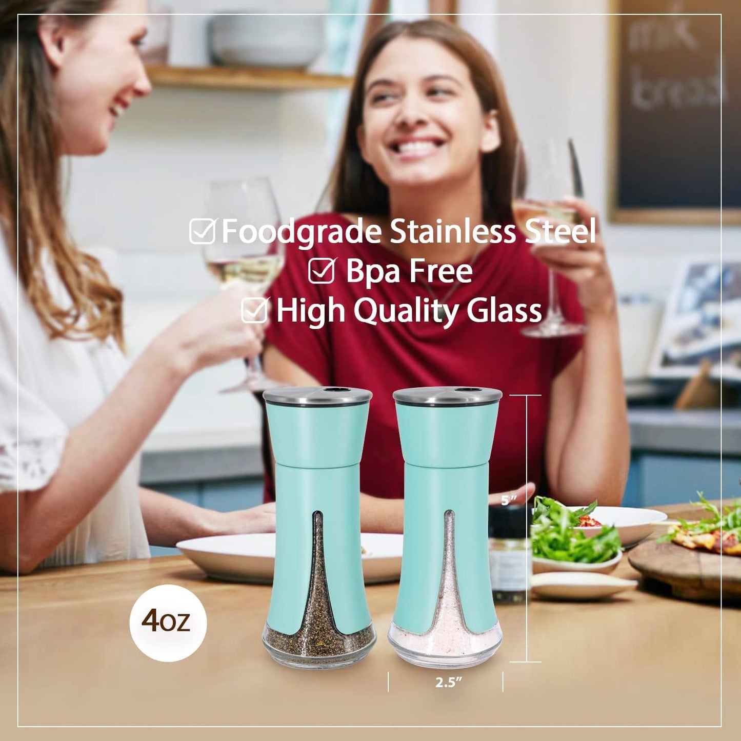 Teal Salt and Pepper Shakers by Aelga, Salt Shaker with Adjustable Pour Holes, Teal Kitchen Accessories, Decor for Kitchen,Restaurants,Camp,BBQ