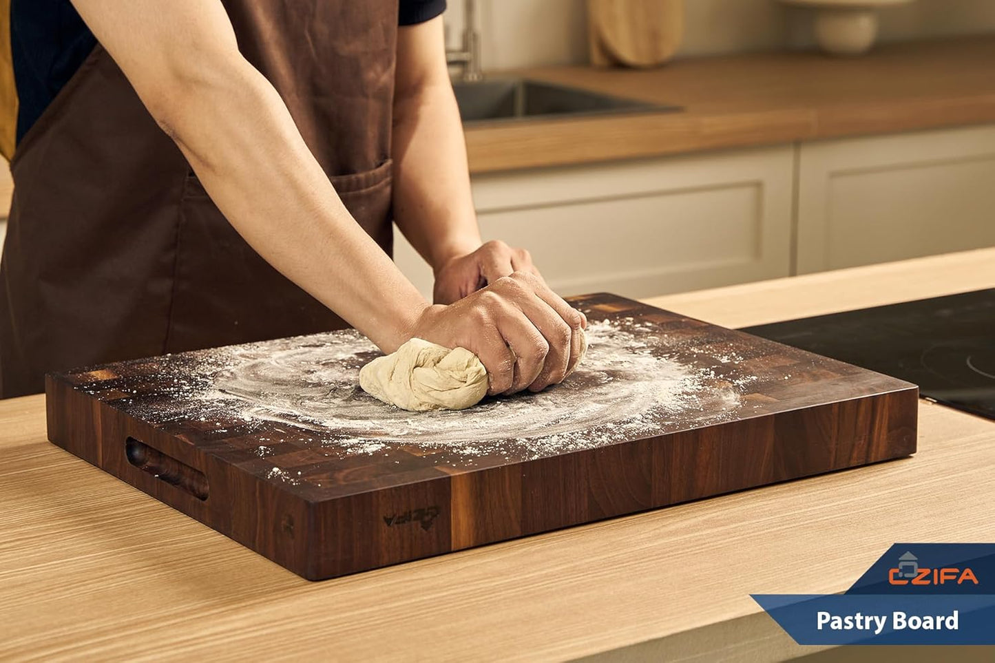 American Dark Walnut Wood Cutting Board 17"x12"x1.6" for Kitchen with Juice Groove, Inner Handles, Gift Box Packaging and End Grain Butcher Block Finished with Linseed Oil, Beeswax & Lemon Oil