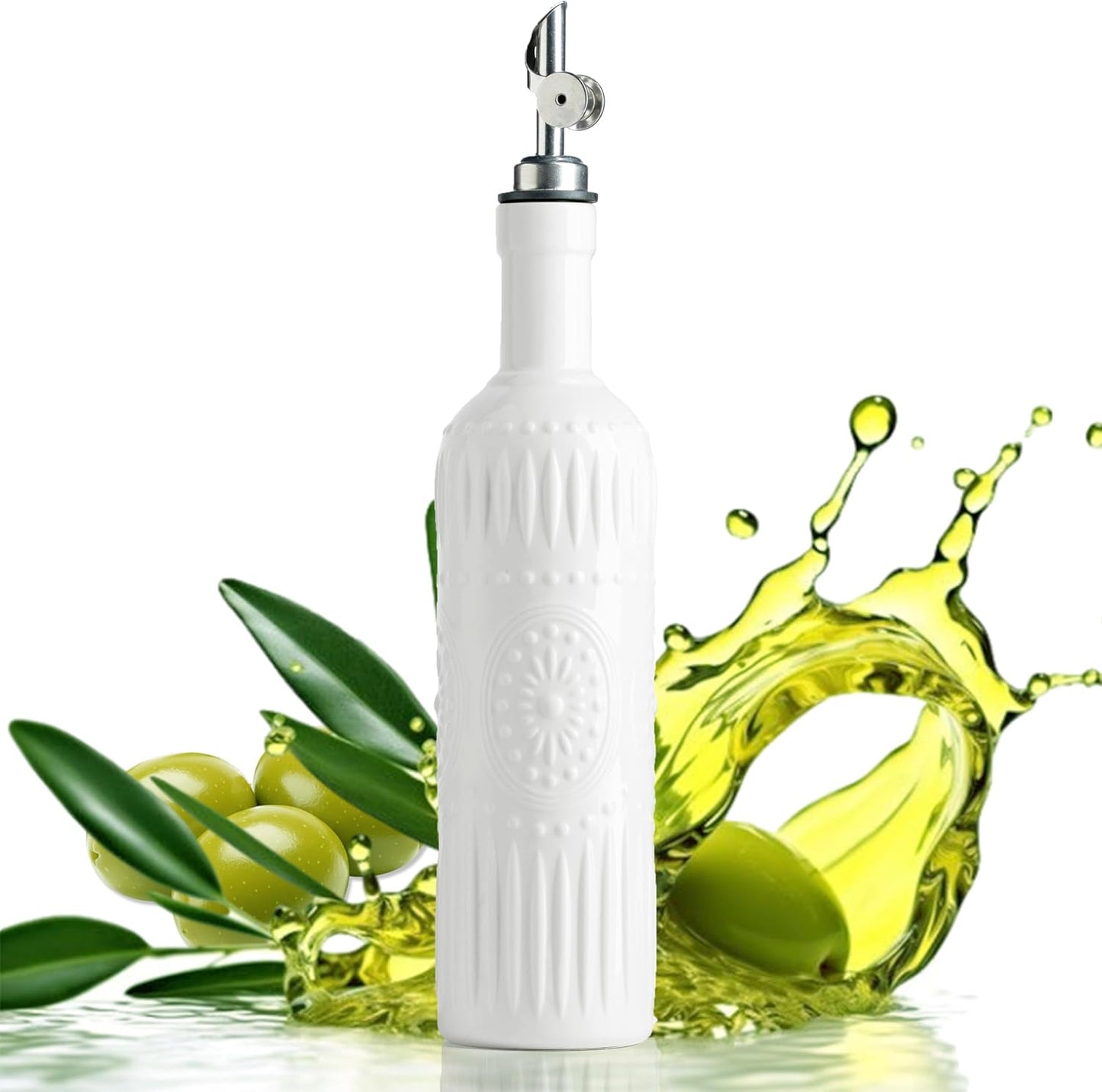 LYEOBOH Oil Dispenser for Kitchen, Olive Oil Dispenser Bottle with Non Drip Spout - 17 OZ Ceramic Vinegar Dispenser Bottle, Easy to Use for Kitchen Gadgets, Frying, BBQ, White