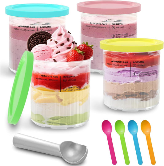 4 Pack Containers Pints and Lids for Ninja Creami Deluxe NC500,NC501CO Series Ice Cream Maker with Scoop and Spoons- Dishwasher Safe, Leak Proof