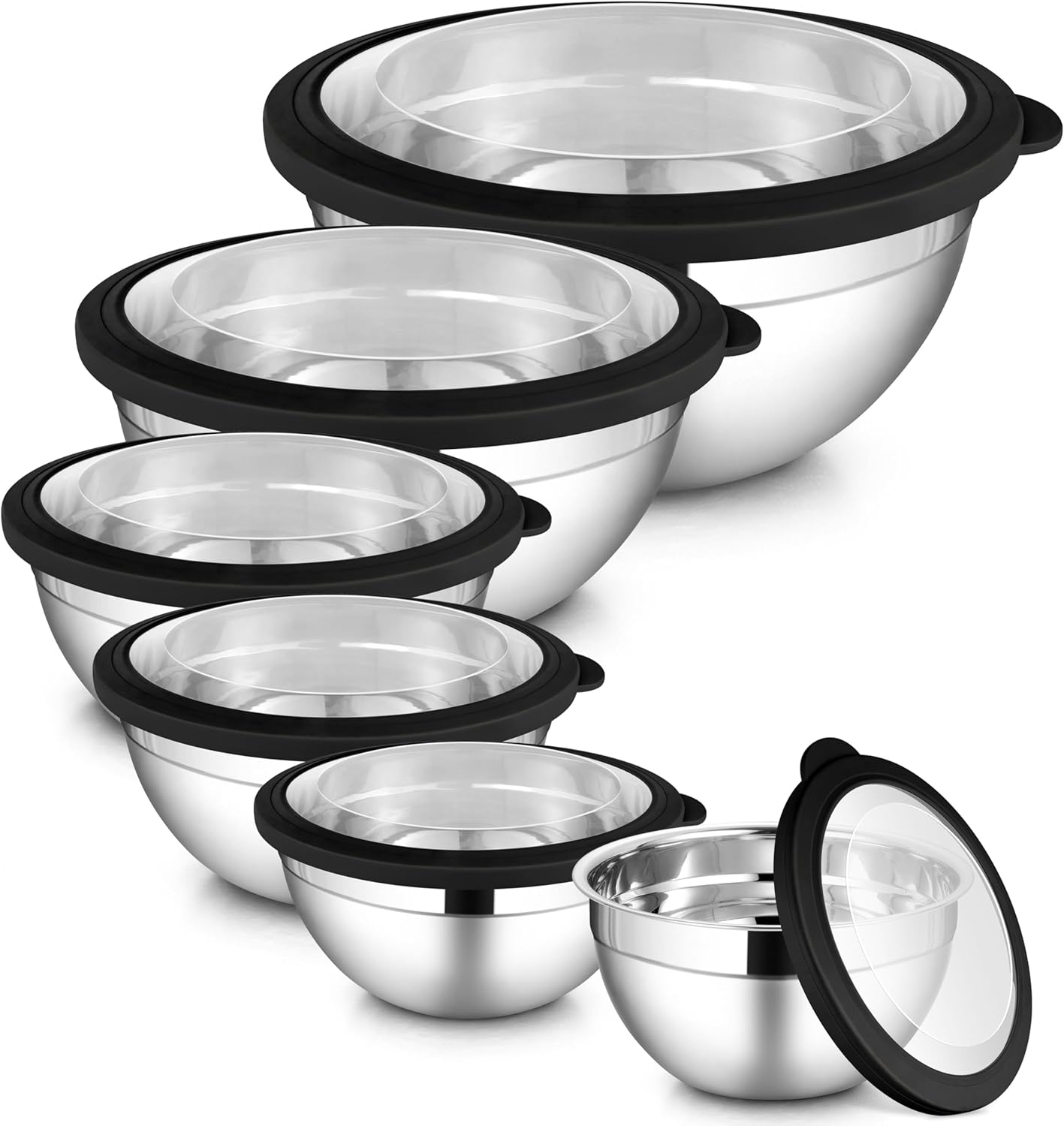 LIANYU Stainless Steel Mixing Bowls Sets of 6, Large Metal Nesting Bowl Sets for Home Kitchen, 7, 3.5, 2.5, 2, 1.5, 1QT Size with Transparent Airtight Lids, Dishwasher & Freezer Safe, Black