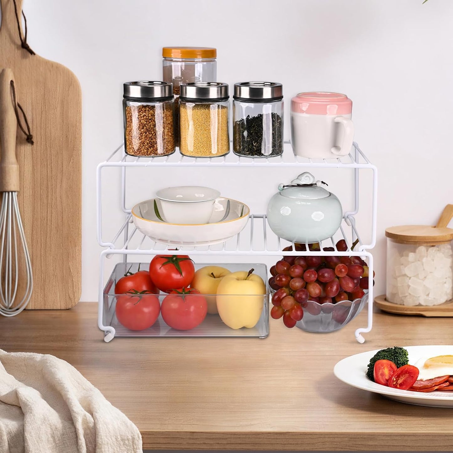 6-Pack Large (15.7x8.54inch) Multi-Level Organizer Rack, Kitchen Shelves for Spice Organization for Cabinet, Pantry Organizers and Storage, Wire Extra Shelf, Desk Organizer, Stackable, White