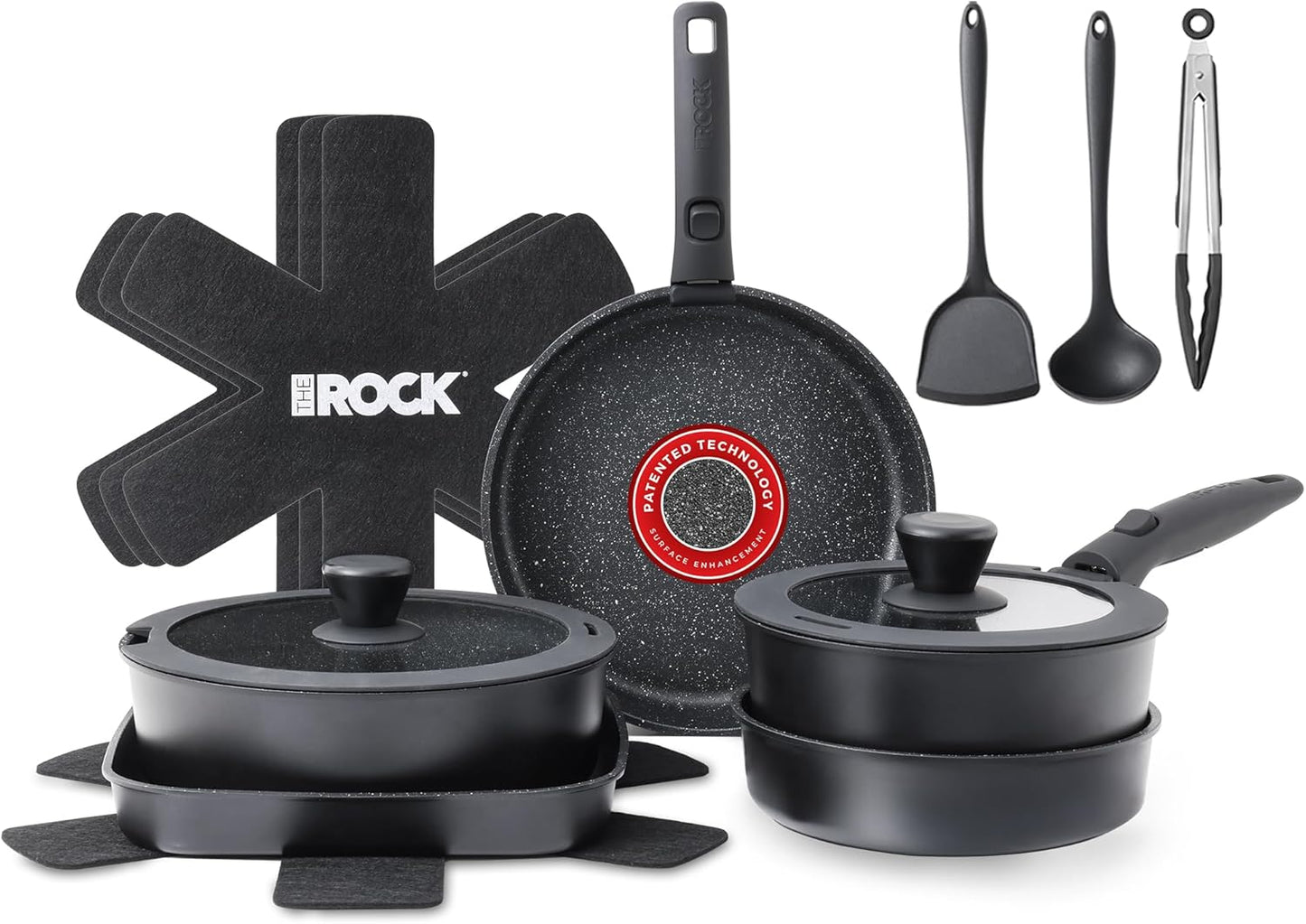 THE ROCK SMART SPACE 16pc Nonstick Pots and Pans Set with ROCK.TEC, Stackable Cookware Set with Detachable Handles, Scratch/Stain/Crack Proof, Induction Ready, Oven & Dishwasher Safe, PFOA-Free, Black
