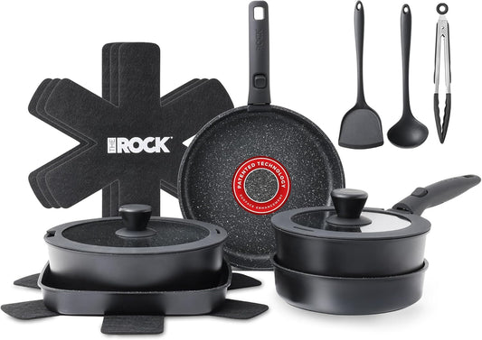 THE ROCK SMART SPACE 16pc Nonstick Pots and Pans Set with ROCK.TEC, Stackable Cookware Set with Detachable Handles, Scratch/Stain/Crack Proof, Induction Ready, Oven & Dishwasher Safe, PFOA-Free, Black