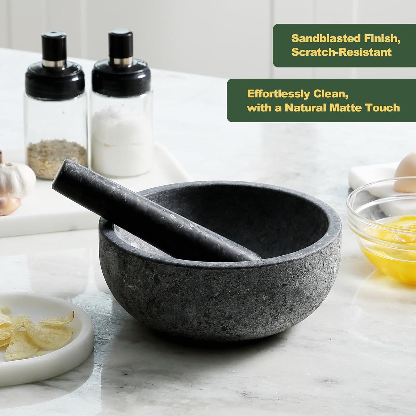 Koville Natural Granite Mortar and Pestle Set, 8" Extra Large Grinder Bowl for Guacamole, Salsa, Pill Crusher, Spice, Herb, Garlic, Nut, Heavy Duty Grinder for Kitchen Sand-Blasted Finish