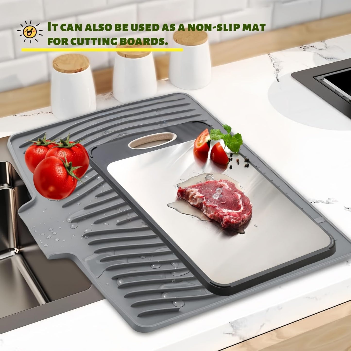 CIEO Silicone Dish Drying Mat for Kitchen Counter, Slope Fast Self-Draining, Non-Slip Drain Pad, Easy Clean Countertop Protection Mat, Multiple Use for Dishes Drying Rack（18.9"x 13.58",Black）