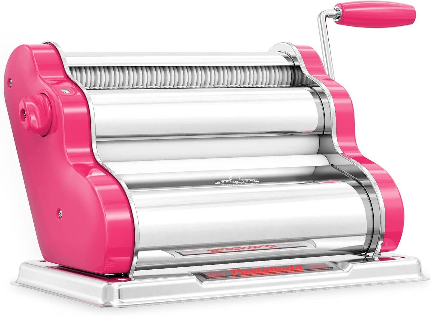 PASTALINDA Classic 260 Pasta Maker Machine, 26 cm Wide Rollers, 9 Thickness Positions, 2 Cutting Positions, Stainless Steel. Includes Reinforced Hand Crank And Two Clamps (Fuchsia)