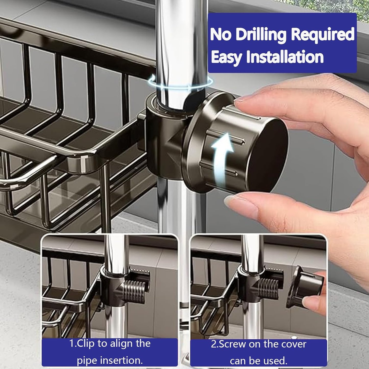 Kitchen Sink Faucet Organizer Multifunction Sponge Holder Organizer Sink Drain Holder Over Faucet Kitchen Sink Caddy with Hook Adjustable for 0.7-1.1inch Round Water Pipe (Black, B)