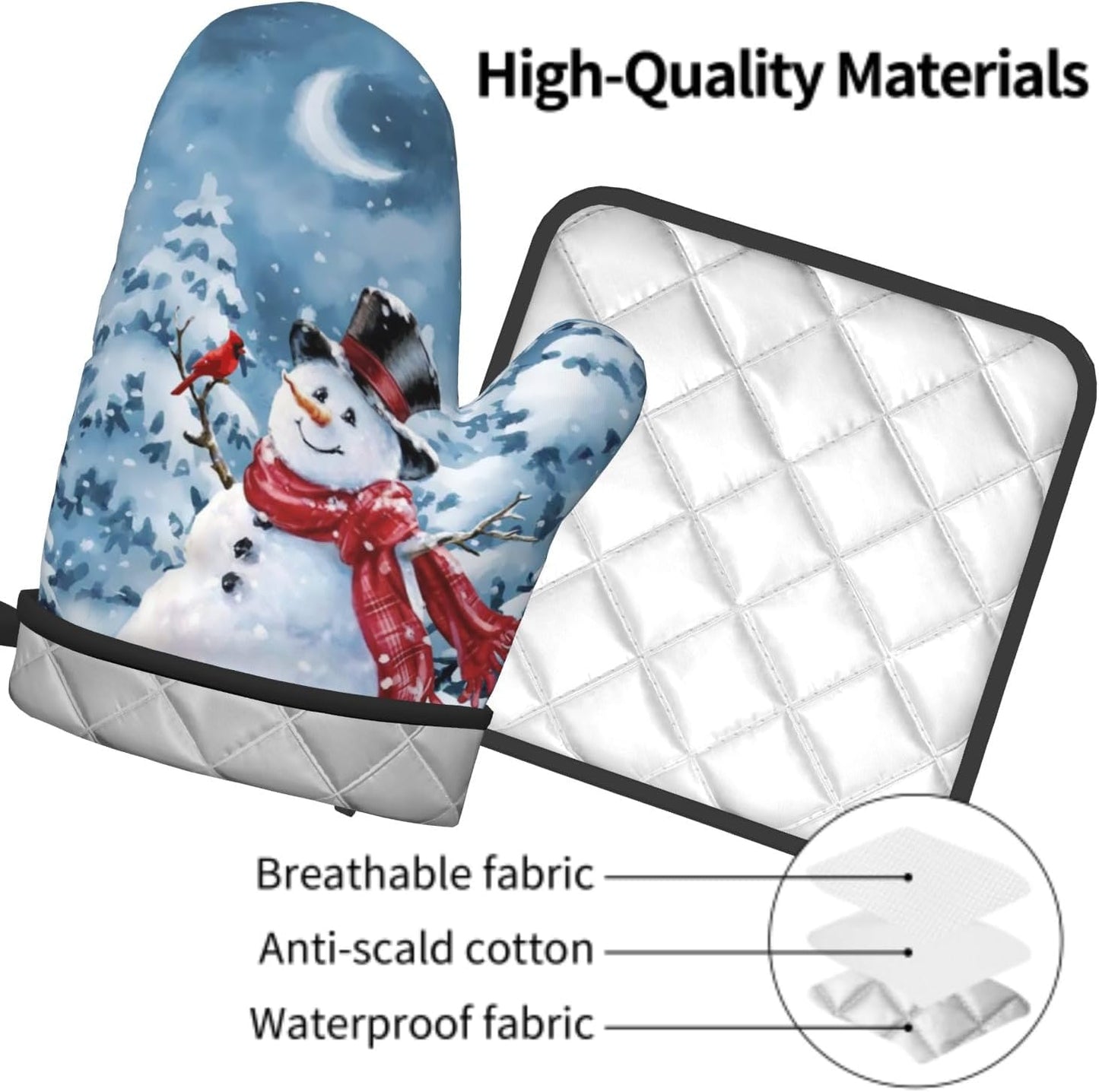Blue Snowman Oven Mitts and Pot Holder Set of 2 Winter Snow Kitchen Gloves Potholders Heat Resistant for Chef Baking Cooking Grilling BBQ