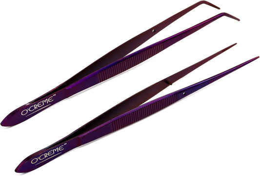 O'Creme Purple Stainless Steel Precision Kitchen Culinary Fine-Tip Tweezer Tongs, 1 Curved and 1 Straight