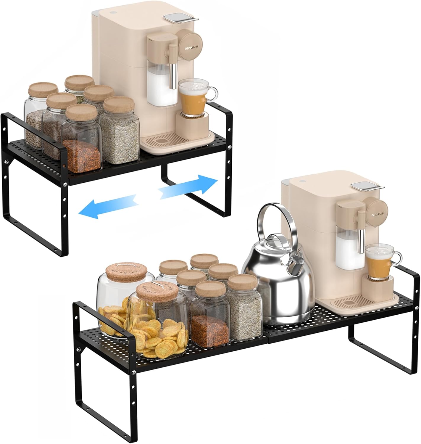 iPEGTOP 2 Pack Large Expandable Cabinet Storage Shelf, Heavy Duty Stackable Steel Metal Spice Rack Adjustable Height Home Office Pantry Garage Shelves for Counter Kitchen Organization, Black