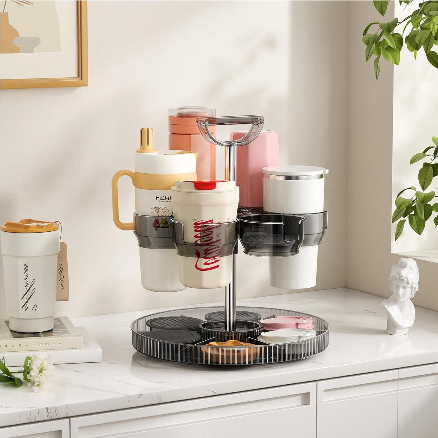 Rotating Stanley Cup Holder, Portable Water Bottle Organizer for 6 Stanley 40 oz & Mug, Adjustable Lazy Susan Organizer for Table Top Cabinet Home Countertop Pantry Shelf Tumbler Lid Organizer