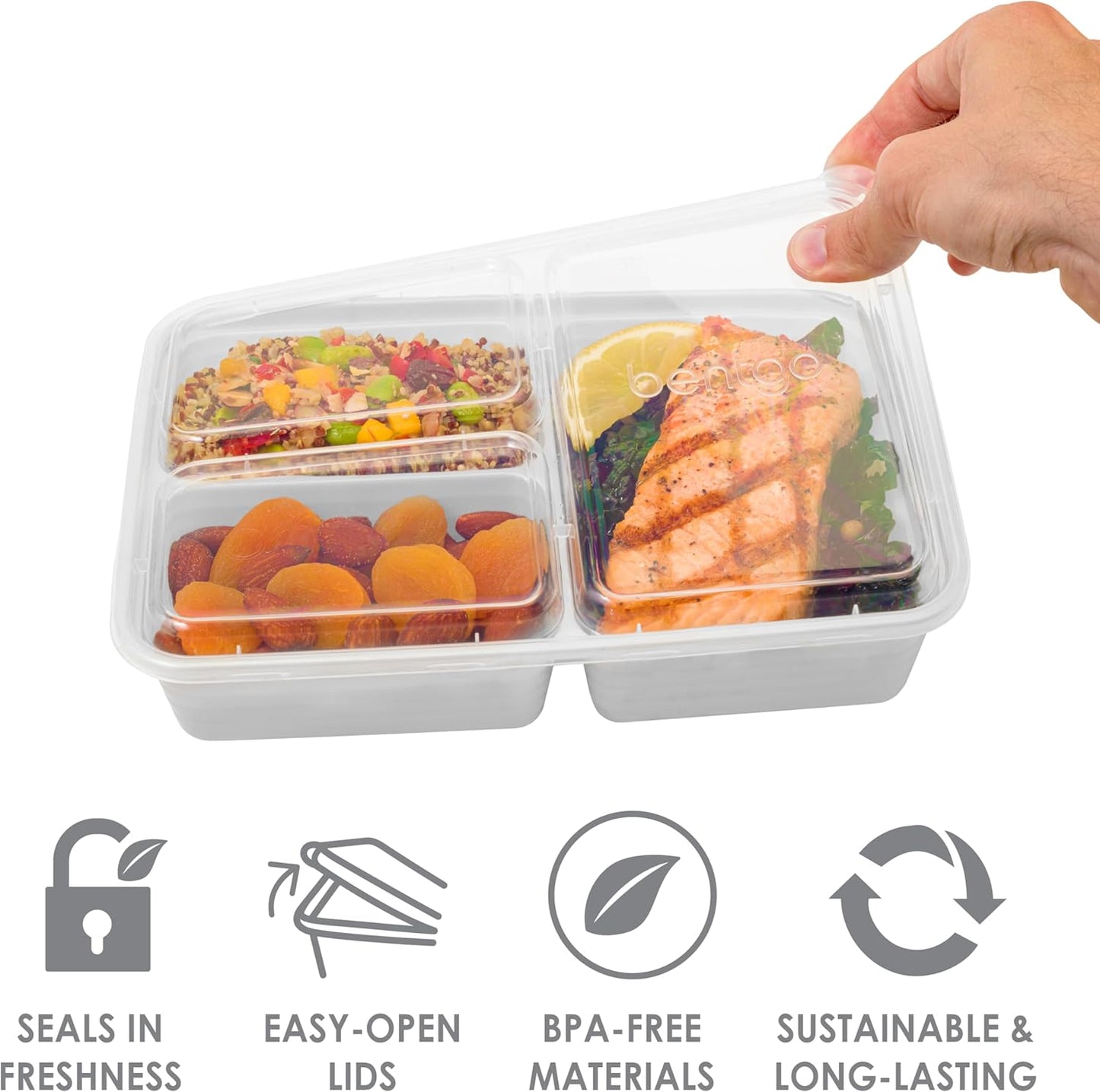 Bentgo 20-Piece Lightweight, Durable, Reusable BPA-Free 3-Compartment Containers - Microwave, Freezer, Dishwasher Safe - Silver