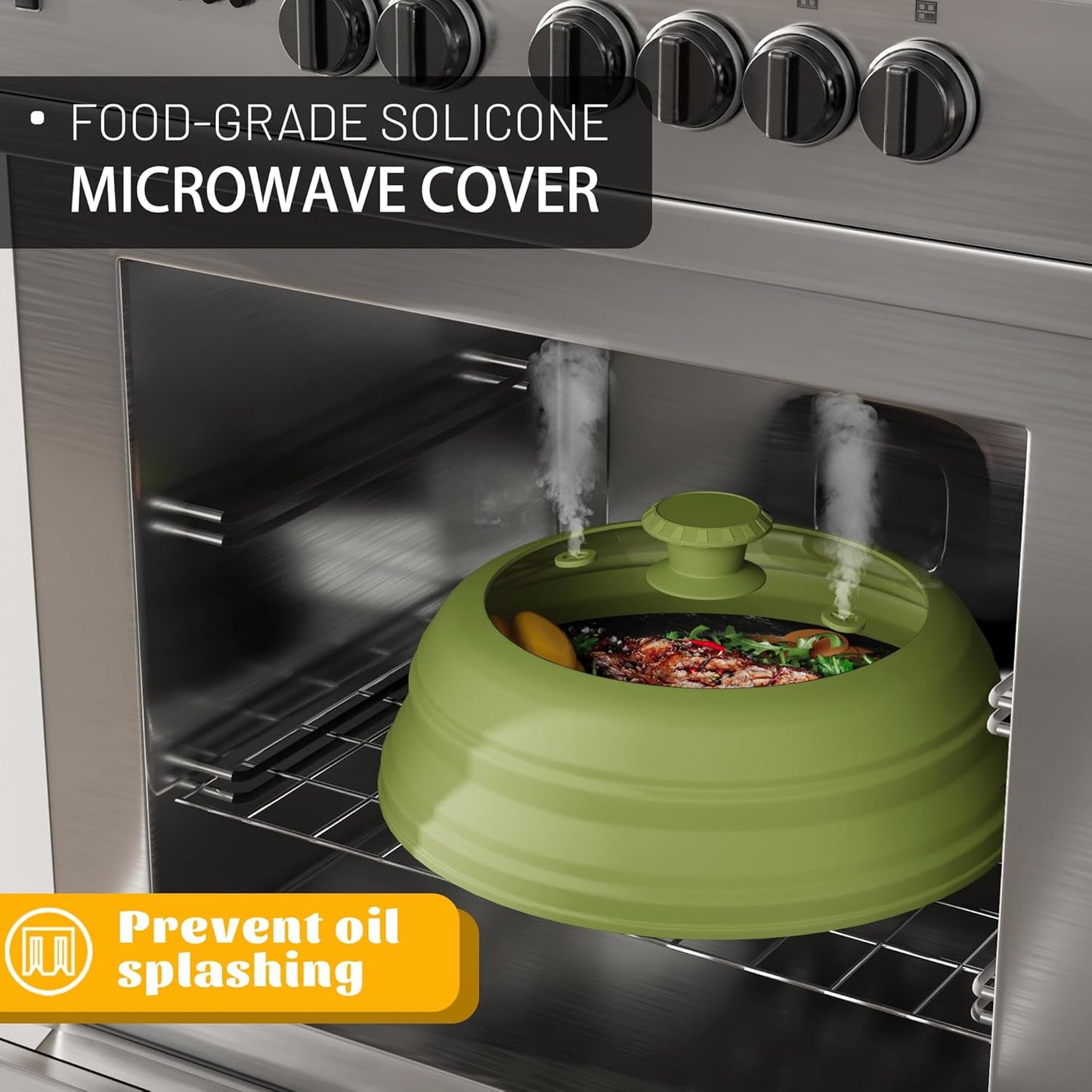 Collapsible Microwave Splatter Cover - Vented Silicone & Glass Lid with Easy-Grip Handle, Fits 6 to 11 Inch Plates & Bowls, 11.8 Inch Diameter, Prevents Splatters & Ensures Even Heating