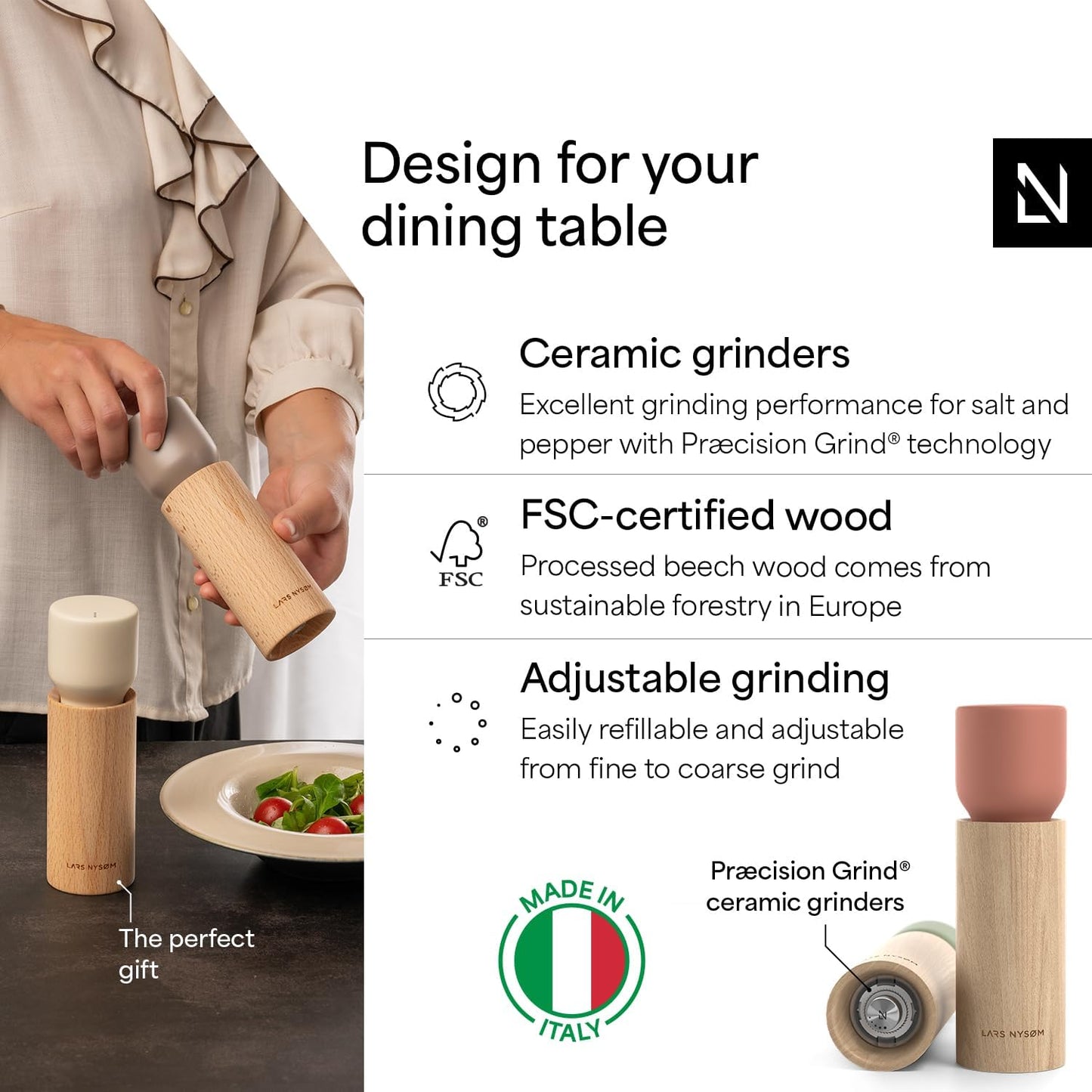 LARS NYSØM Wooden Salt and Pepper Grinder Set Manual with Tray - Salt and Pepper Mills with Adjustable Ceramic Grinder - Elegant Beechwood Pepper and Salt Mill Set for Dining Table (Red/Green)