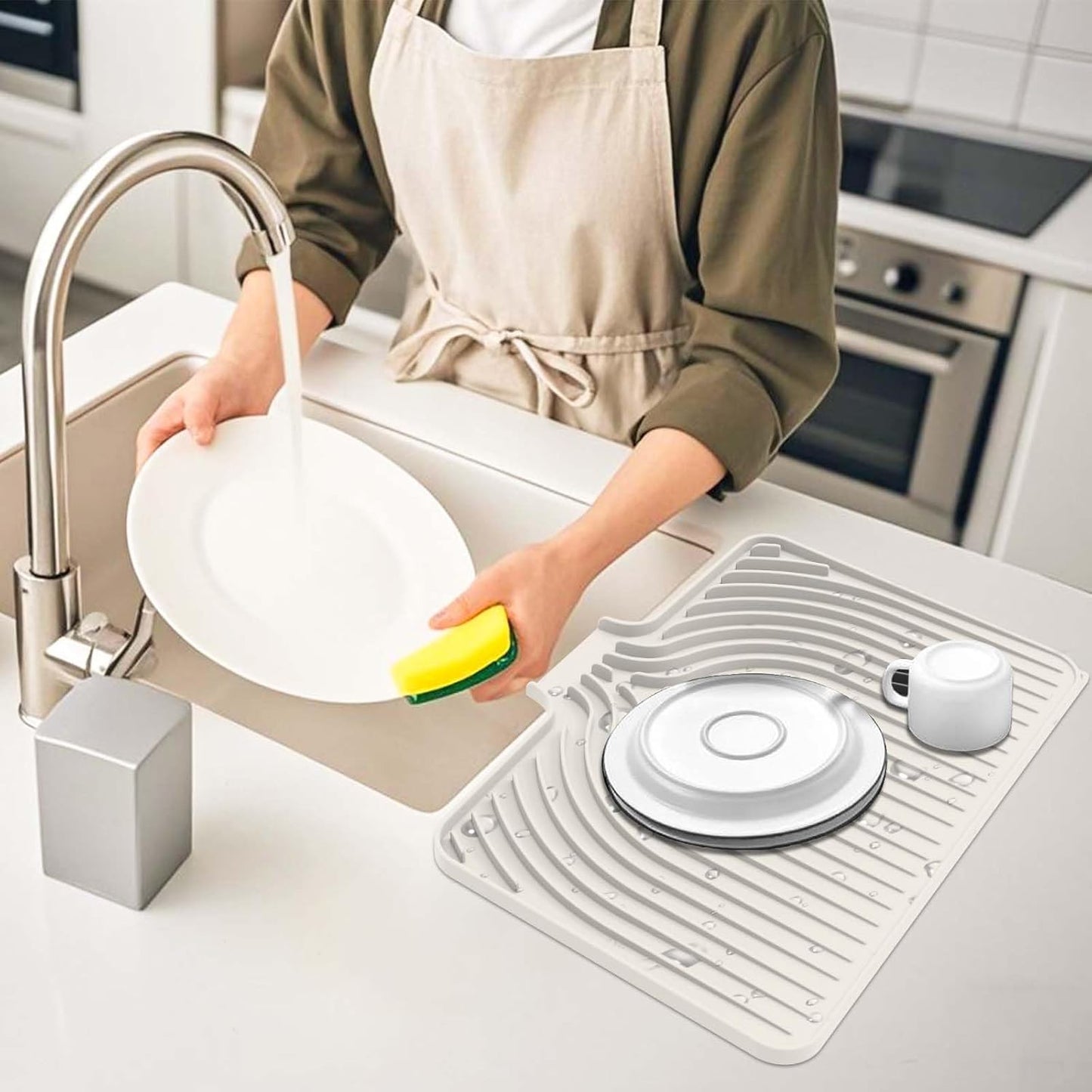 Silicone Dish Drying Mat for Kitchen Counter with Built-in Drain, Easy Clean Pad for Countertop Protection, Fast Self-Draining Slope, Non-Slip, Multiple Use 17.7 x 11.8 Inch ( Tapioca)