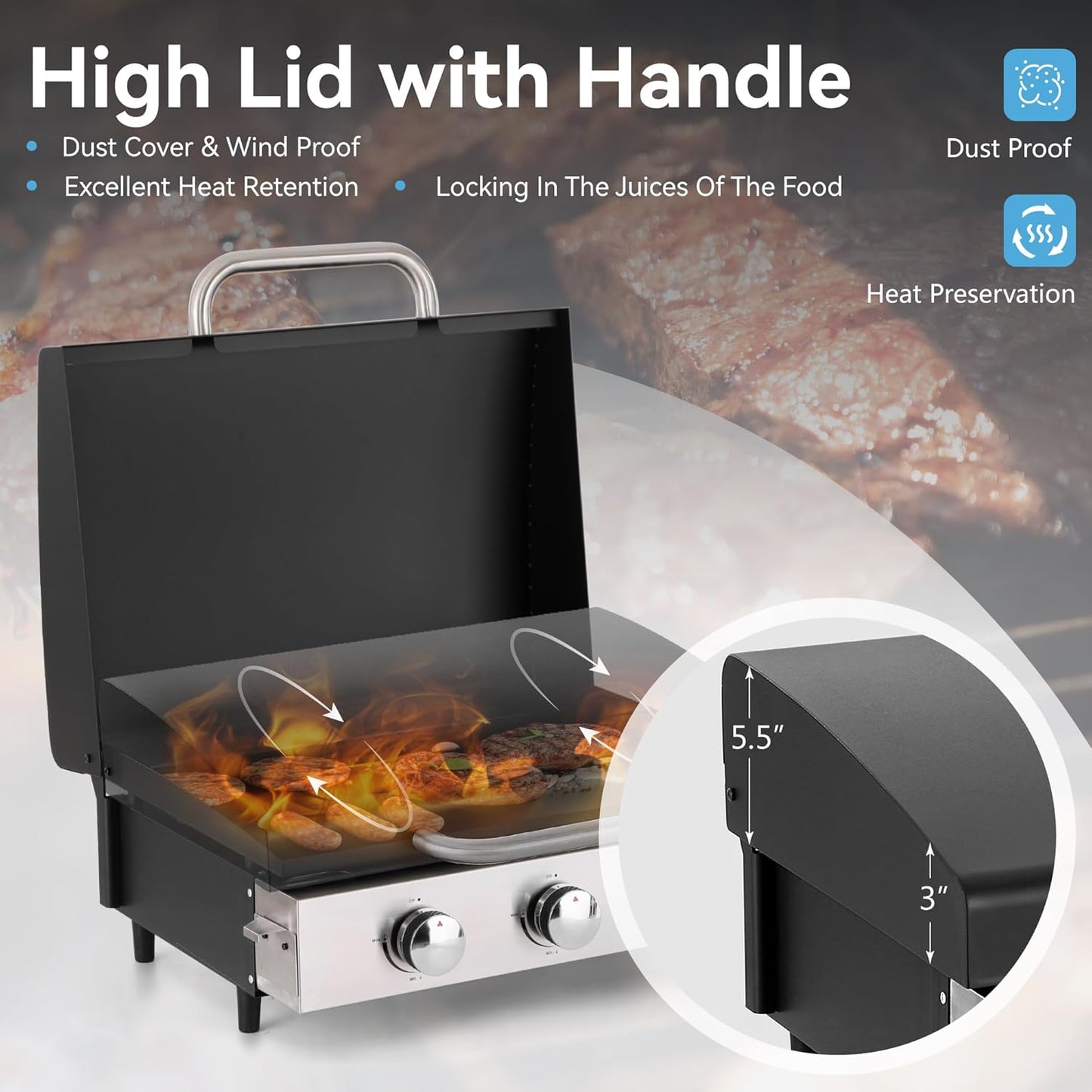 GREEN PARTY 22 inch Tabletop Griddle with Ceramic Coated Cast Iron Plate, 3 Burners Flat Top Griddle, Portable Propane Gas BBQ Grill Griddle for Kitchen Outdoor Cooking Barbecue Camping Tailgating