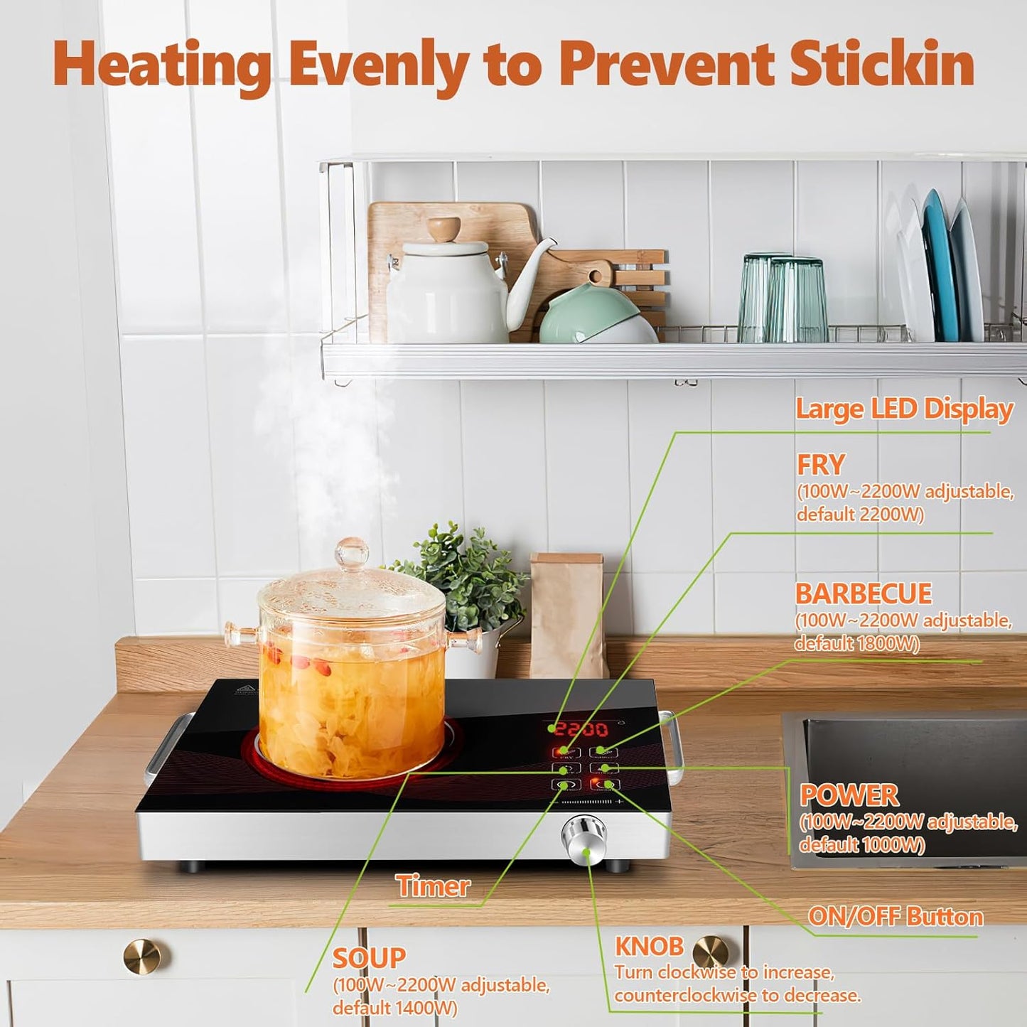 Countertop Infrared Hot Plate Electric Cooktop Portable Cooker for Cooking Single Burner Stove, 2200 Watt Compact Hotplate Adjustable Temperature Control, Sensor Touch & Knob