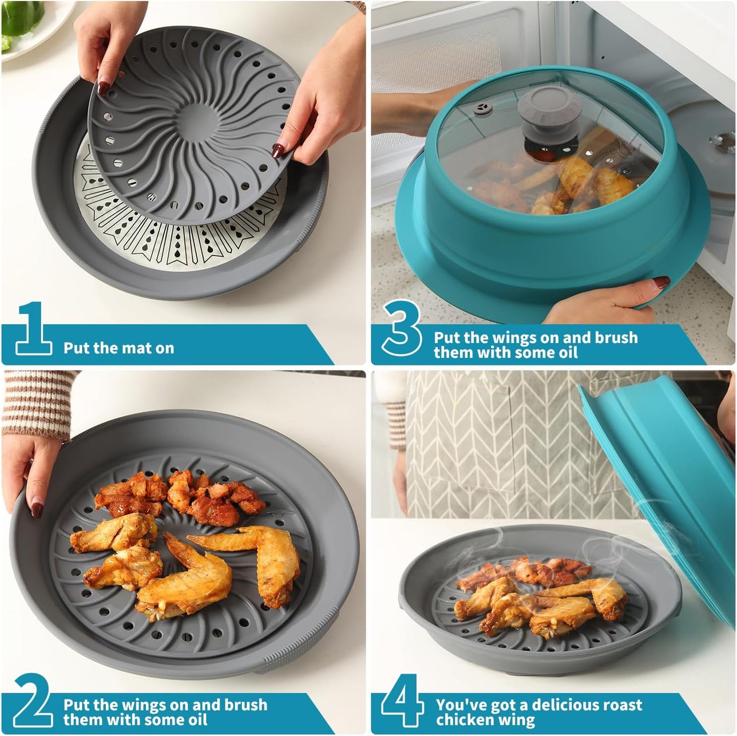 Microwave Splatter Silicone Cover Collapsible Steamer, Vented Multifunction Splash Lid with Glass Dish Bowl Plate for Food Cooking Bacon Maker, Dishwasher Safe BPA-Free 10.5 inch Cookware Set