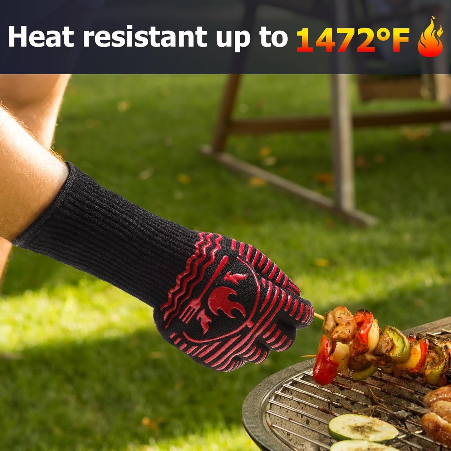 BBQ Gloves, 1472°F Extreme Heat Resistant Grill Gloves, Non-Slip Food Grade Silicone Oven Mitts Gloves for Kitchen, Cooking, Barbecue, Baking, Smoker Red(14inch)