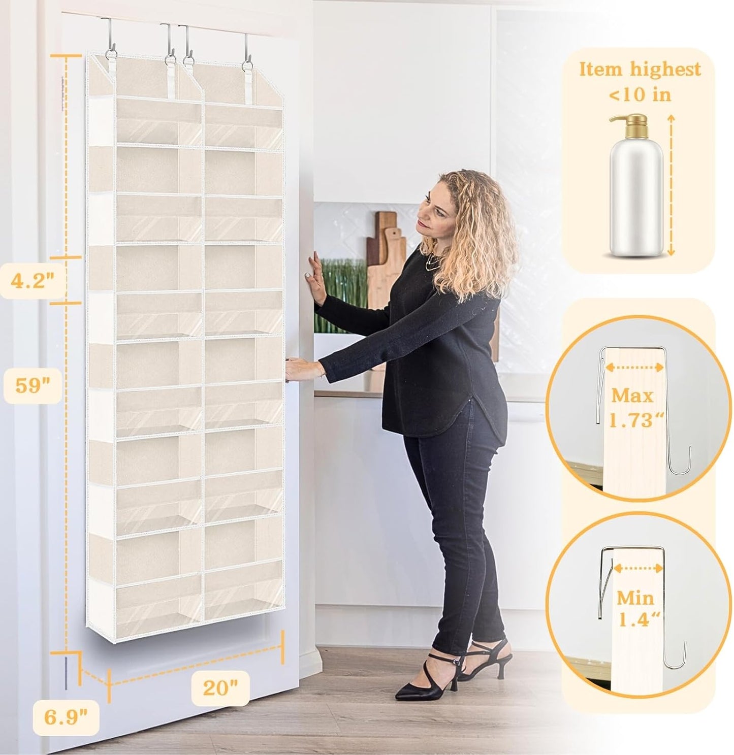 Over the Door Organizer 6 Tiers, Extra Large Behind Door Storage of 12 Compartments,80 lbs Weight Capacity Hanging Storage Organizer with Clear Window Kids Toys, Shoes, Diapers,Beige