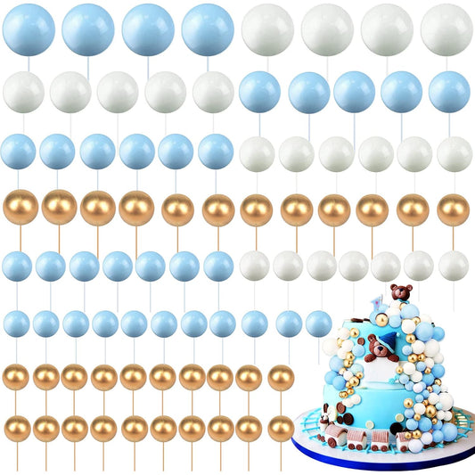 108 Pcs Balls Cake Topper DIY Cupcake Insert Foam Balloons for Cake Baking Wedding Anniversary Birthday Decoration(Blue, White, Gold,Multi Sizes)