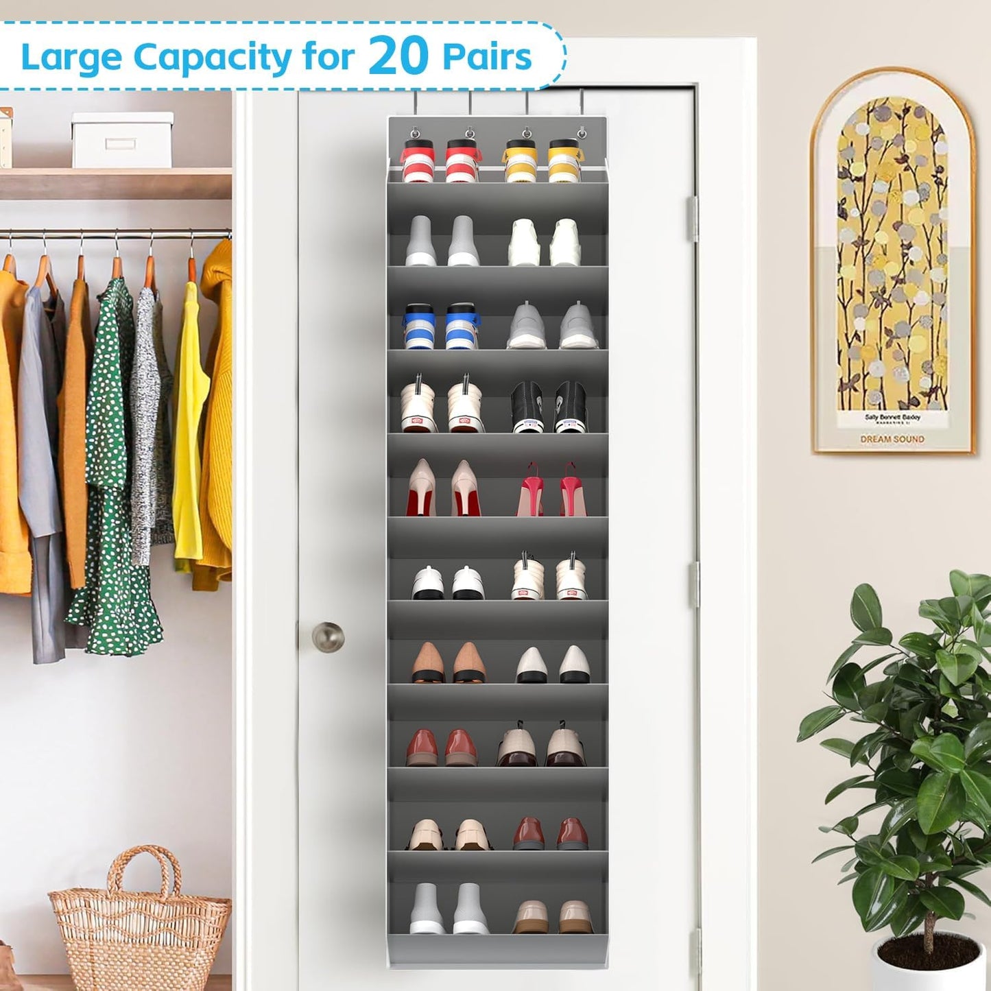 REGELETO 10 Tiers Large Size Over Door Shoe Organizer Storage, Hanging Shoe Rack for Door with Deep Pockets, Fit 20-30 Pairs Shoe Organizer Holder for Sneakers and Boots (Grey)