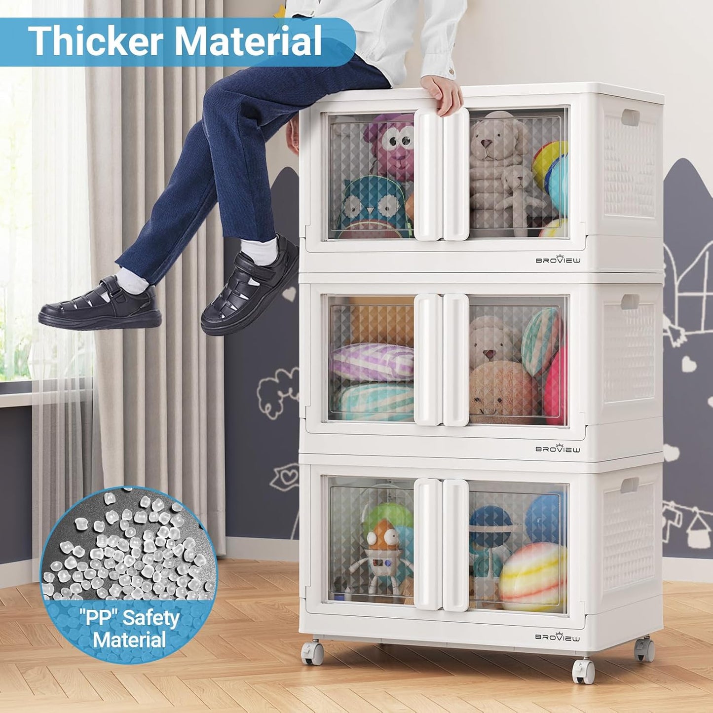 400Qt Stackable Storage Bins with Lids, 100Gal Closet Organizers and Storage Drawer, Plastic Collapsible Storage Bins with Doors, Heavy Duty Store Box Cabinet for Home Office, 4Pack White