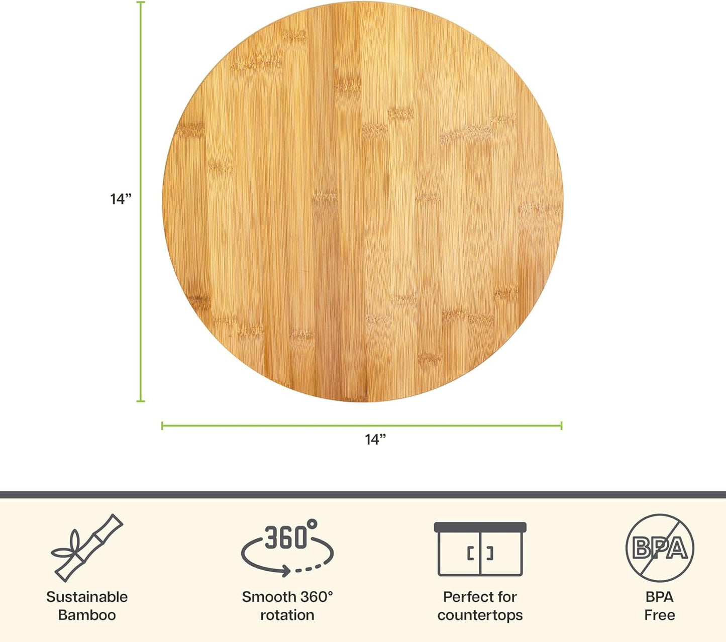 Lazy Susan Organizer for Cabinet, Pantry or Tabletop – 14" Bamboo Turntable for Kitchen, Counter or Spice Rack Storage
