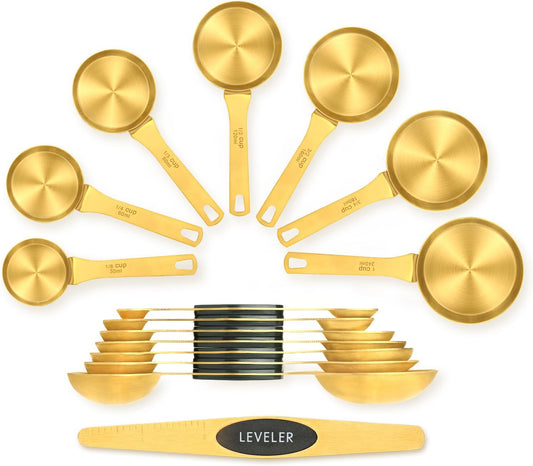 Magnetic Measuring Spoons and Cups Set of 15, Including 7 Magnetic Gold Measuring Spoons with 1 Leveler, 7 Stainless Steel Heavy Duty Gold Measuring Cups, Ideal for Cooking & Baking
