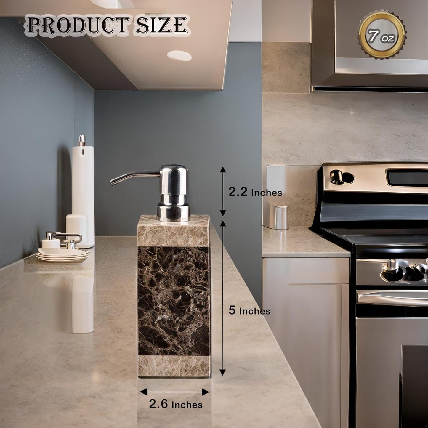 Hand Liquid&Lotion Soap Dispenser Pump Bottle Natural Marble for Kitchen Bathroom Countertop Laundry Room Holds Dish Soap Shampoo Laundry Liquid Shower Gel(Coffee Colour)