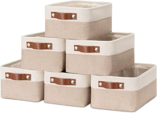 HNZIGE Small Fabric Baskets for Organizing(6 pack) Collapsible Storage Baskets for Shelves, Closets, Laundry, Nursery, Decorative Baskets for Gifts Empty (White&Khaki, 11.8" x 7.8" x 5.1")