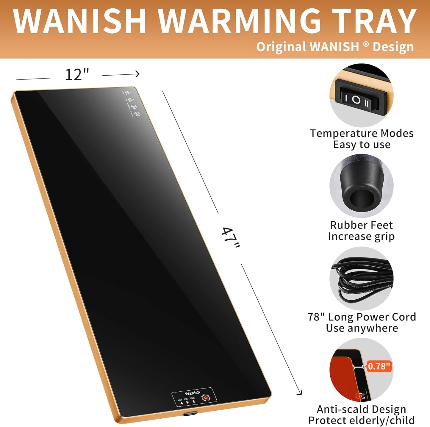 Electric Warming Tray (Extra Long 47”x12”)，Food Warmers for Parties Buffet with Thermostat&Full Surface Heating, Tempered Glass Warming Mat for Food, Temperature Adjustable Gold Edges Food Warming Mat