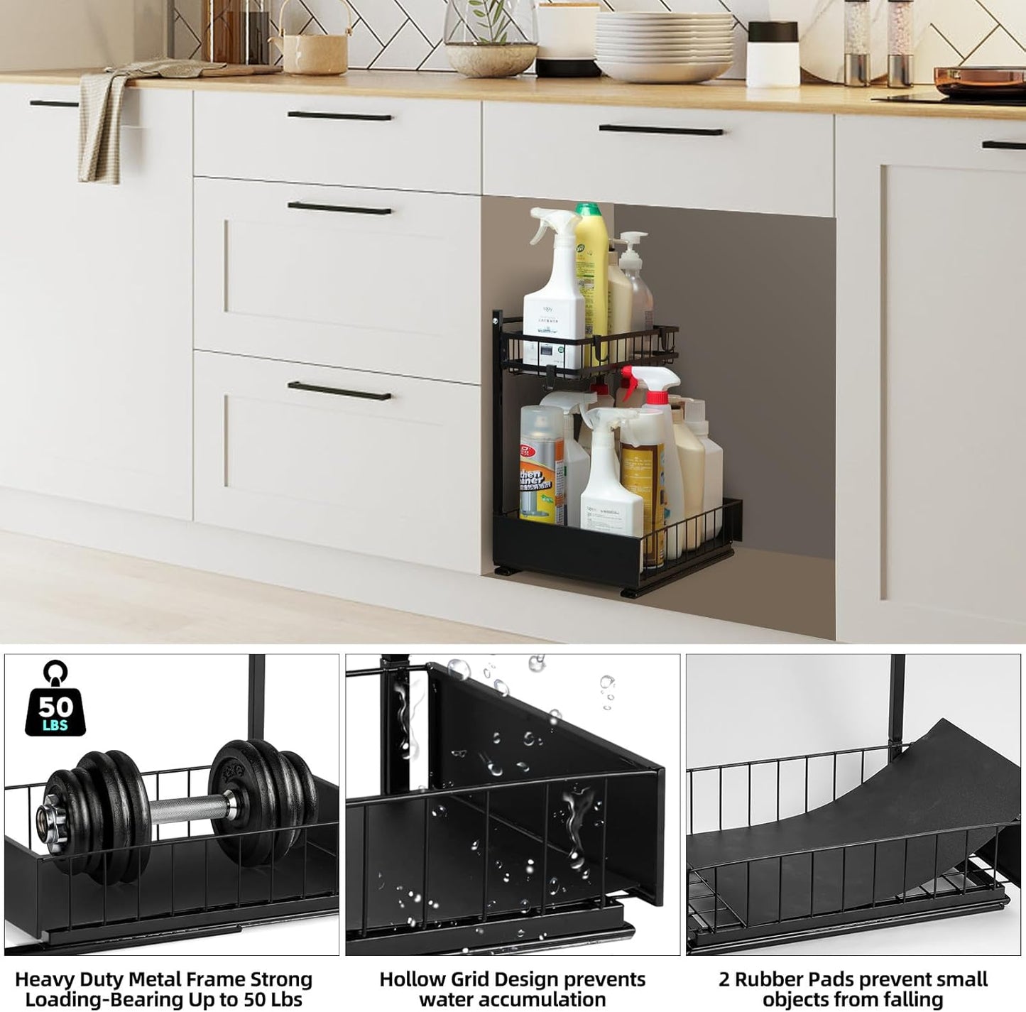 Under Sink Organizer and Storage Shelves With Sliding Drawe, 2 Tier Pull Out Sink Organizers And Storage, Metal Sliding Drawer for Kitchen Bathroom Pantry Cabinet Closet Organization Rack, Black