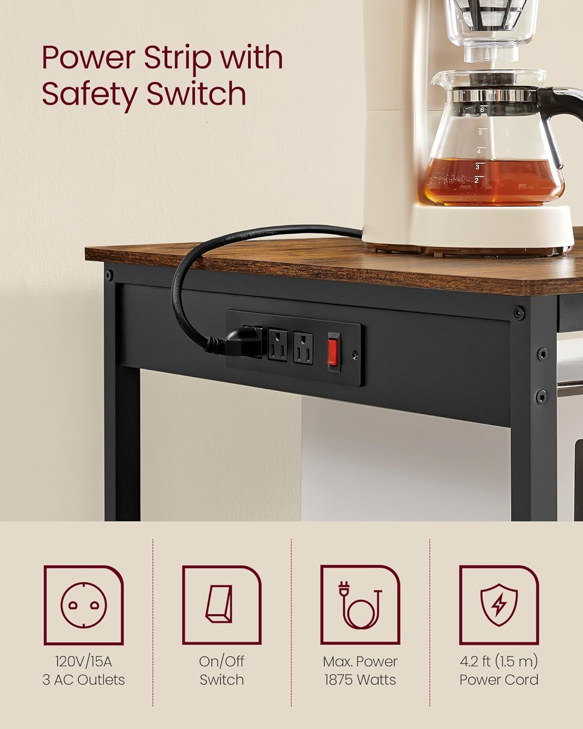 VASAGLE Kitchen Island with 3 Shelves, 39.4 Inches Width Kitchen Shelf with Power Strip, Large Worktop, Stable Steel Structure, Industrial, Easy to Assemble, Rustic Brown and Black UKKI105K01