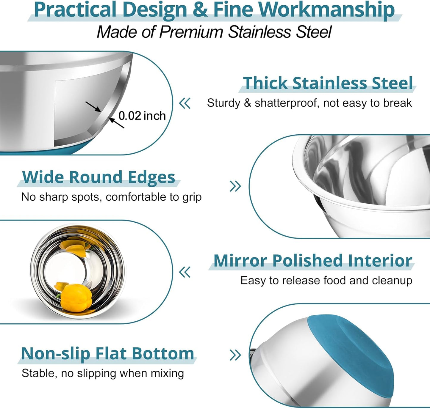 TeamFar Mixing Bowls, 5PCS Stainless Steel Serving Salad Bowls with Lids, For Kitchen Mixing/Baking/Storing/Prepping, Visible & Airtight, Non-Slip Bottom - 4.6/3.5/1.5/1 / 0.7 QT, Dark Blue