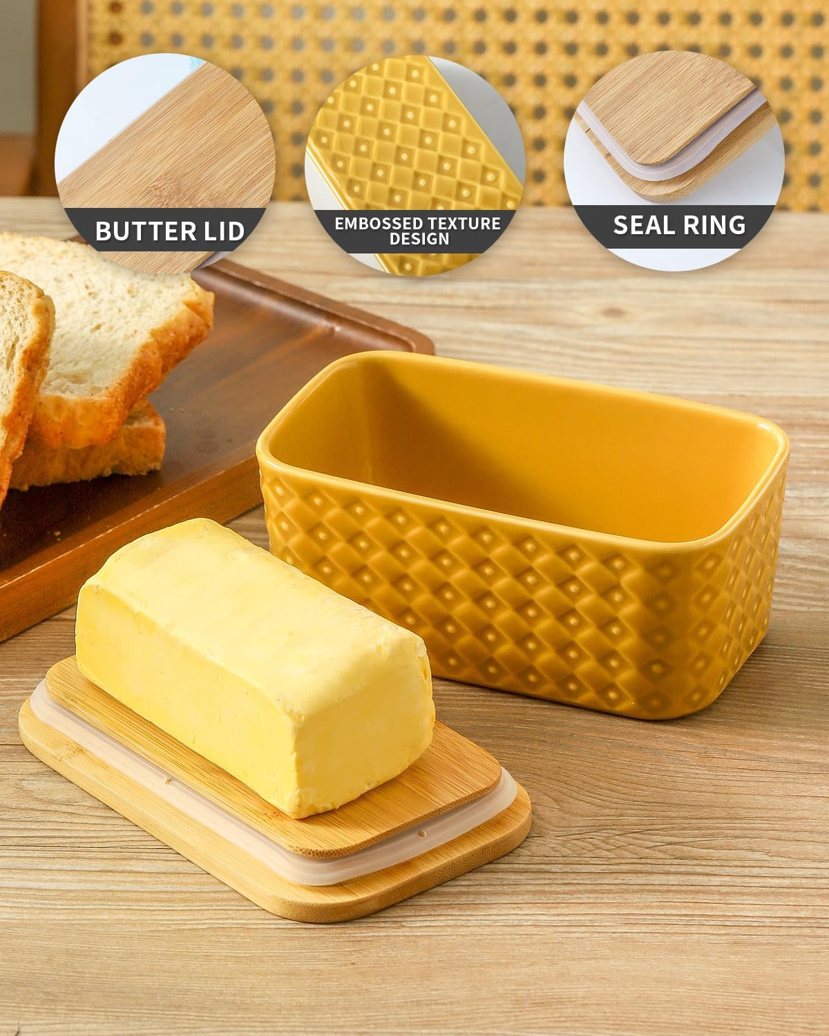 Ceramic Butter Dish with Lid,Large Butter Container with Airtight Cover for Countertop or Refrigerator,Farmhouse Kitchen Butter Holder for Gift,Dishwasher Safe,Yellow Embossed Pattern