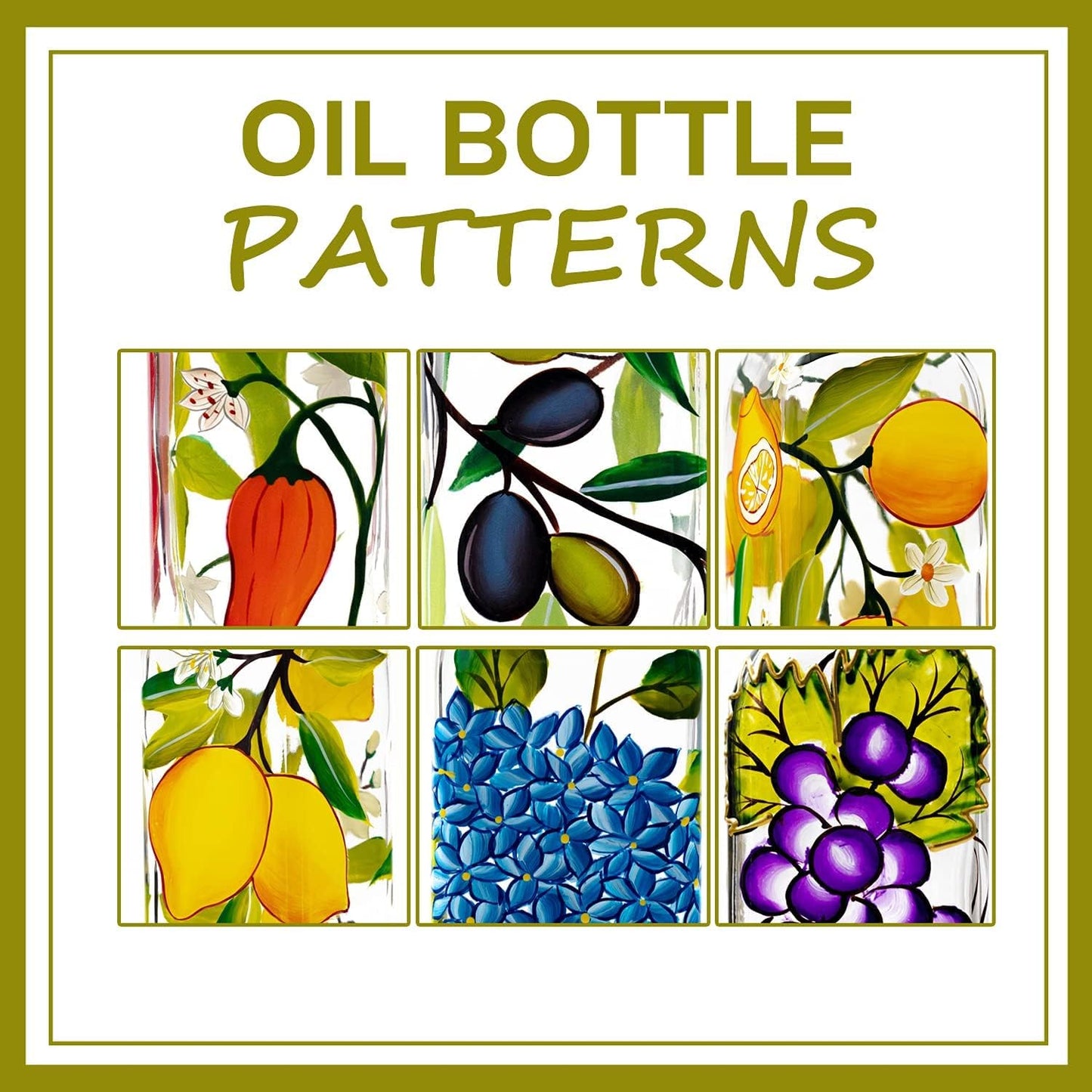 17oz Hand Painted Glass Olive Oil Bottle Dispenser- 500ml Green Oil & Vinegar Cruet with Pourers - Olive Oil Carafe Decanter for Kitchen (olive)