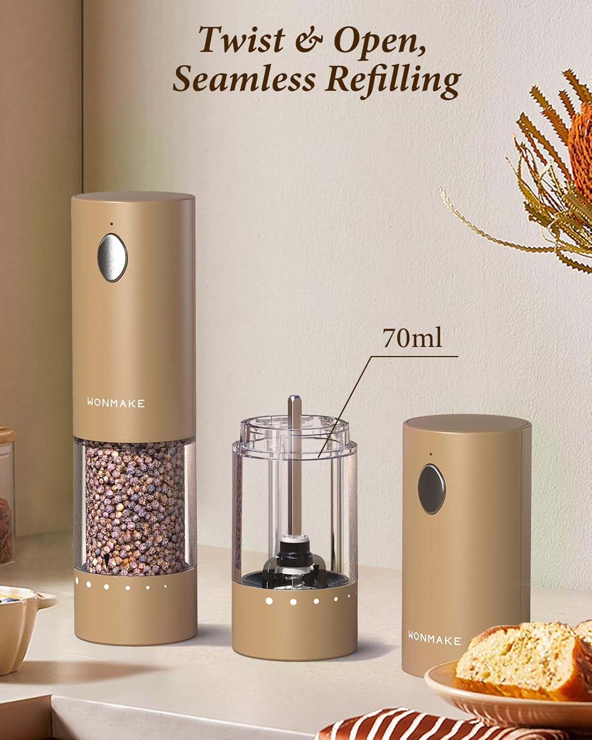 Electric Salt and Pepper Grinder Set - Automatic Refillable Salt and Pepper Grinders with Charging Base & LED Light, 6-Level Adjustable Coarseness with External Dial, Ideal Kitchen Gadget，Brown