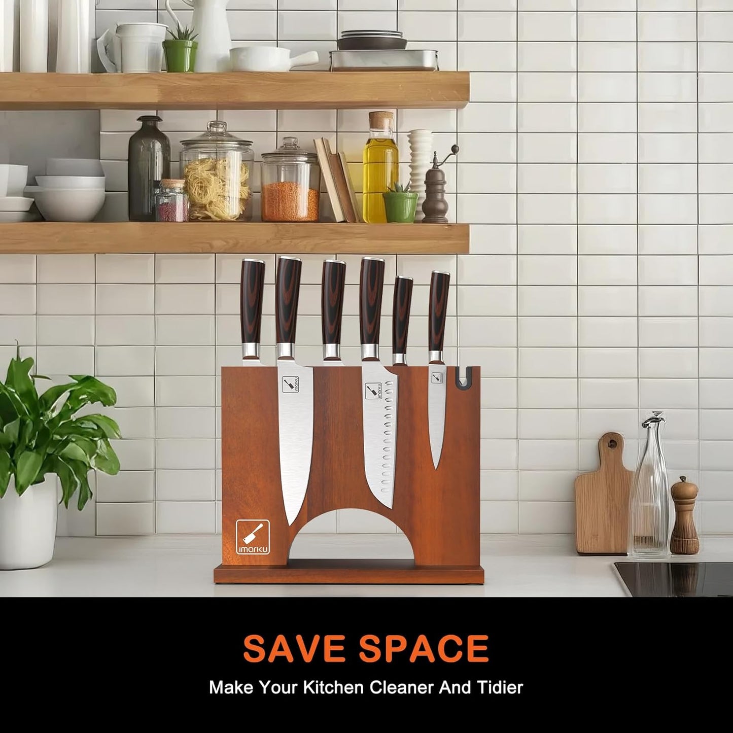 Magnetic Knife Block, Magnetic Knife Holder with Double Sided Magnetic Design, 12×10 Inches Knife Stand with Knife Sharpener, Acacia Wood Knife Storage for Kitchen Counter