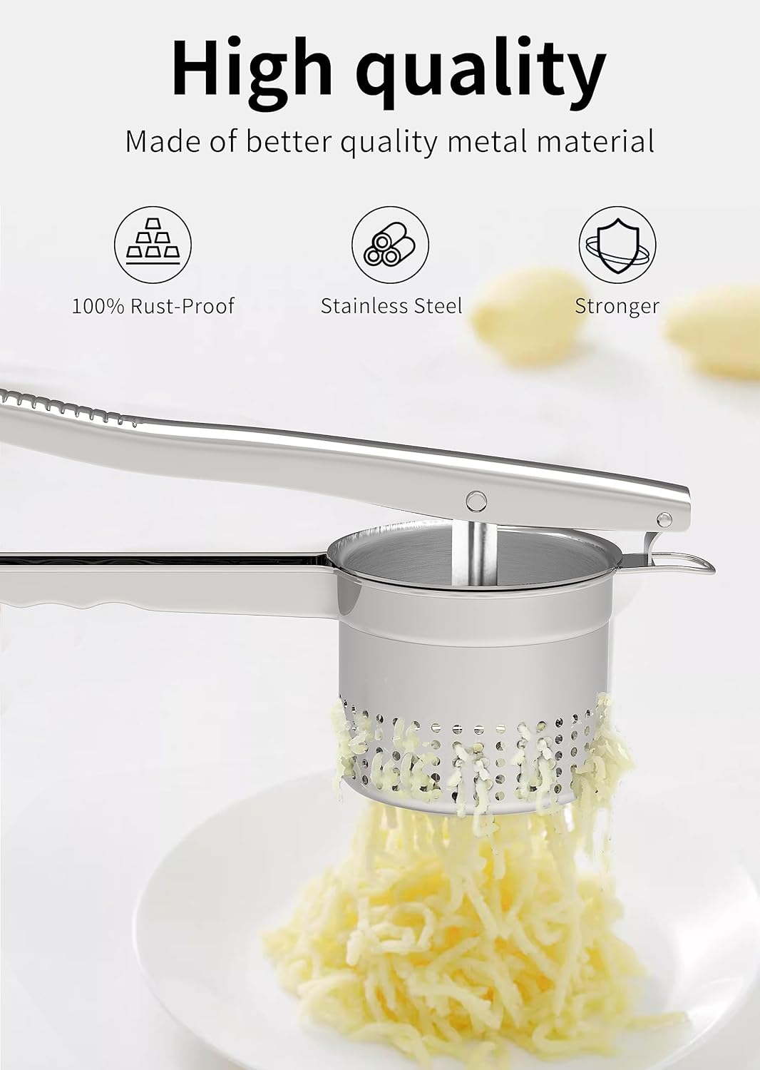 Large 15oz Potato Ricer, Heavy Duty Stainless Steel Potato Masher with Ergonomic Handle, Masher and Ricer Kitchen Tool for Mashed Potatoes, Noodle Maker