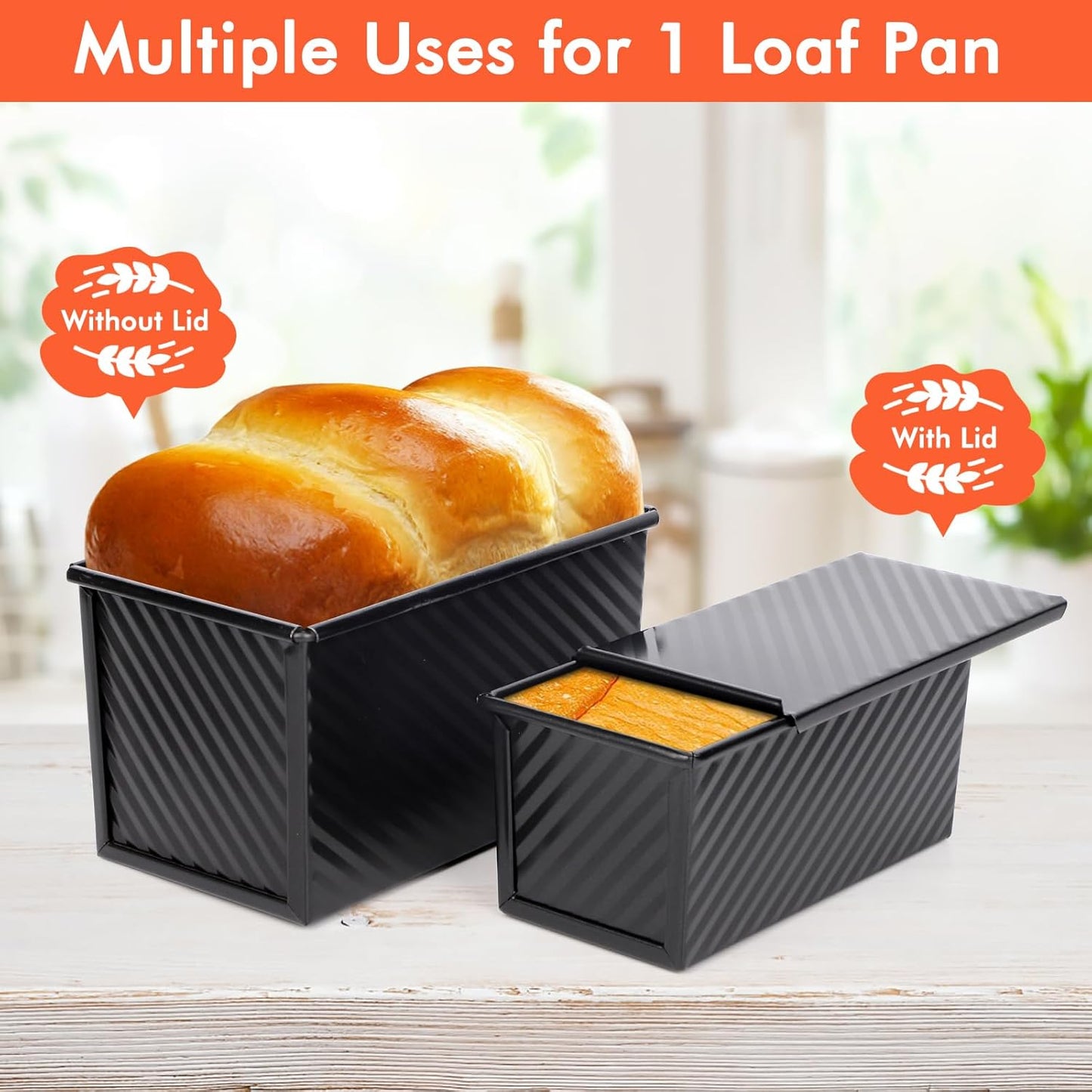 Beasea Pullman Loaf Pan with Lid, 2 Pack Non-Stick Bread Loaf Pans 1 lb & 0.5 lb Carbon Steel Bread Toast Box with Dough Scraper for Homemade Bread Toast Oven Baking - Black