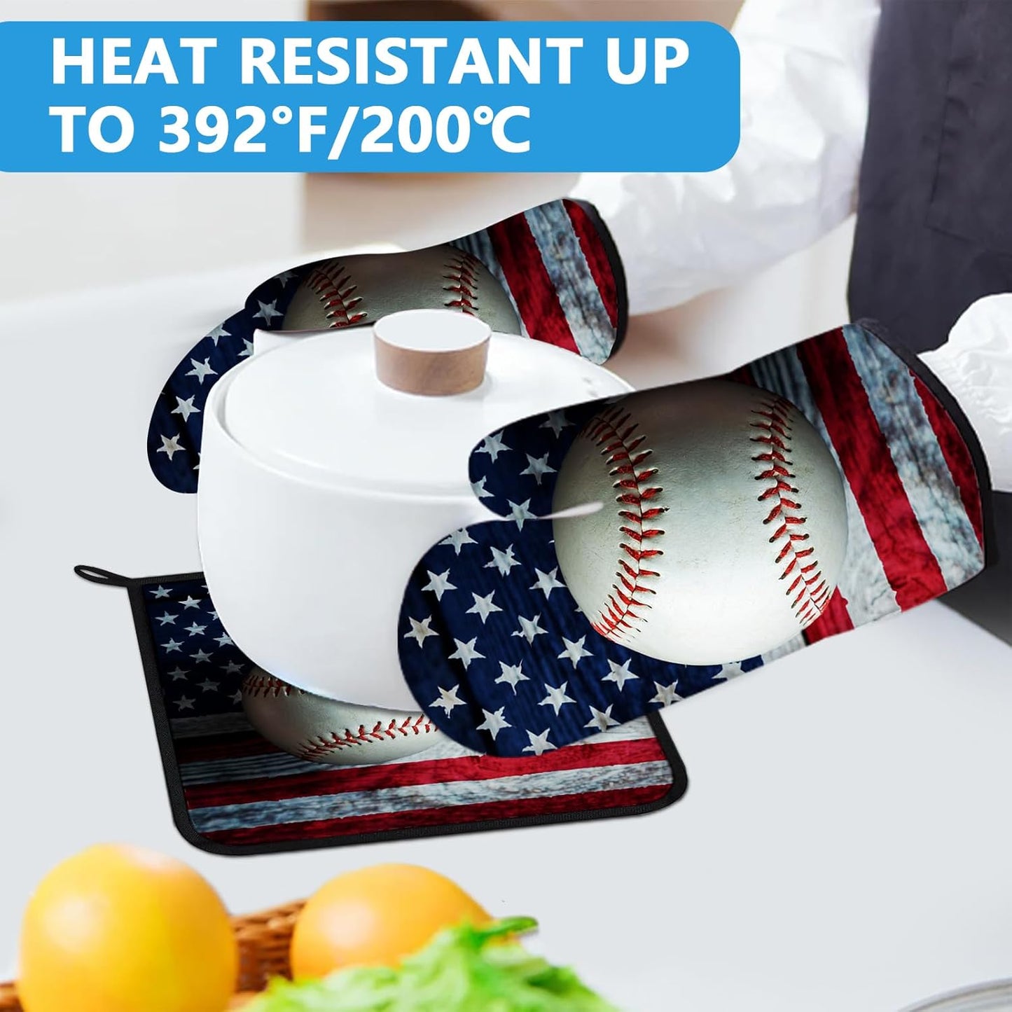 American Flag Baseball Oven Mitts and Pot Holders Sets Heat Resistant 4Pcs Potholders Oven Gloves Hot Pads for Kitchen Baking Cooking Grilling BBQ