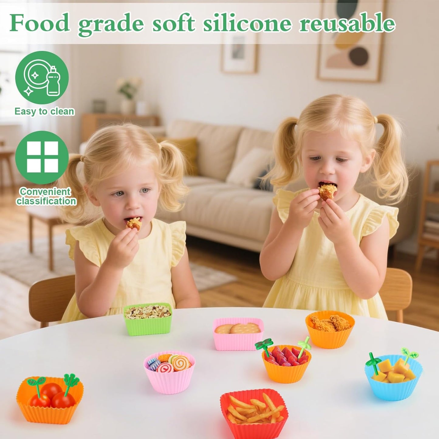 Palksky Bento Box Dividers, 50 Pack Silicone Lunch Box Dividers with 8 PCS Leaf Food Picks, 3 Shapes of Reusable Kids Lunch Accessories, Container To Go