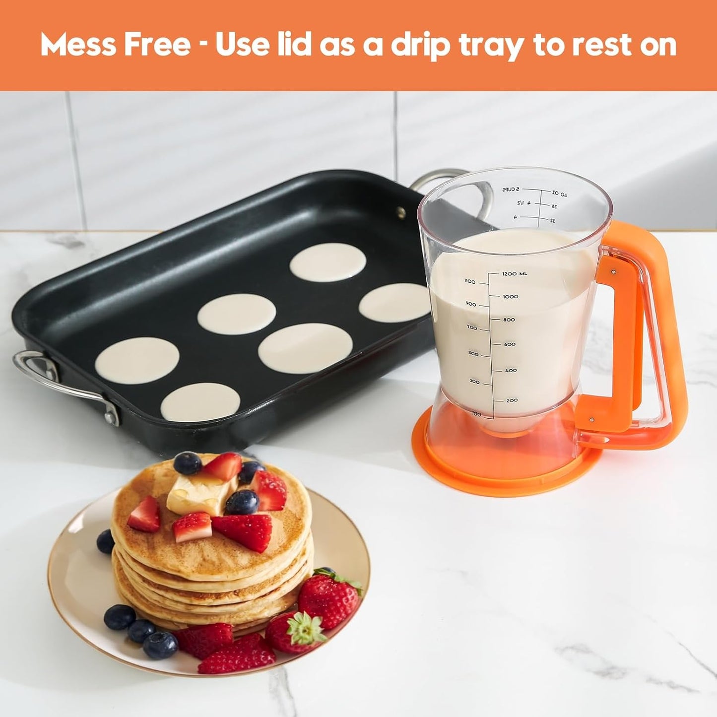 Pancake Batter Dispenser 5 Cup with Sturdy Handle,Batter Separator for Pancakes, Cupcake, Waffle, Muffin Mix, Cake & Crepe Batter pitcher with Squeeze Handle Baking Tools-Orange