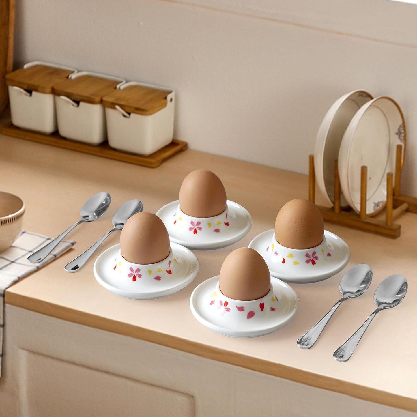 Cinf Ceramic Sakura Egg Holder Set of 4 Porcelain Holder With 4Stainless Steels Egg Spoons Breakfast Boiled Cooking Easy to Clean Childhood Memories Kitchen