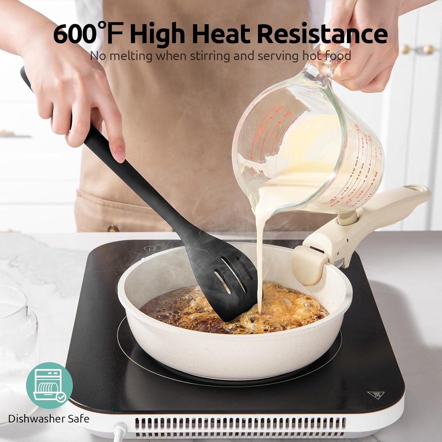 600ºF Heat Resistant Slotted Spoon: U-Taste 13.3in Solid Kitchen Cooking Spoon, Nonstick Food Grade Large & Long Rubber Utensil for Mixing, Serving, Stirring, Basting, Frying, Draining (Black)