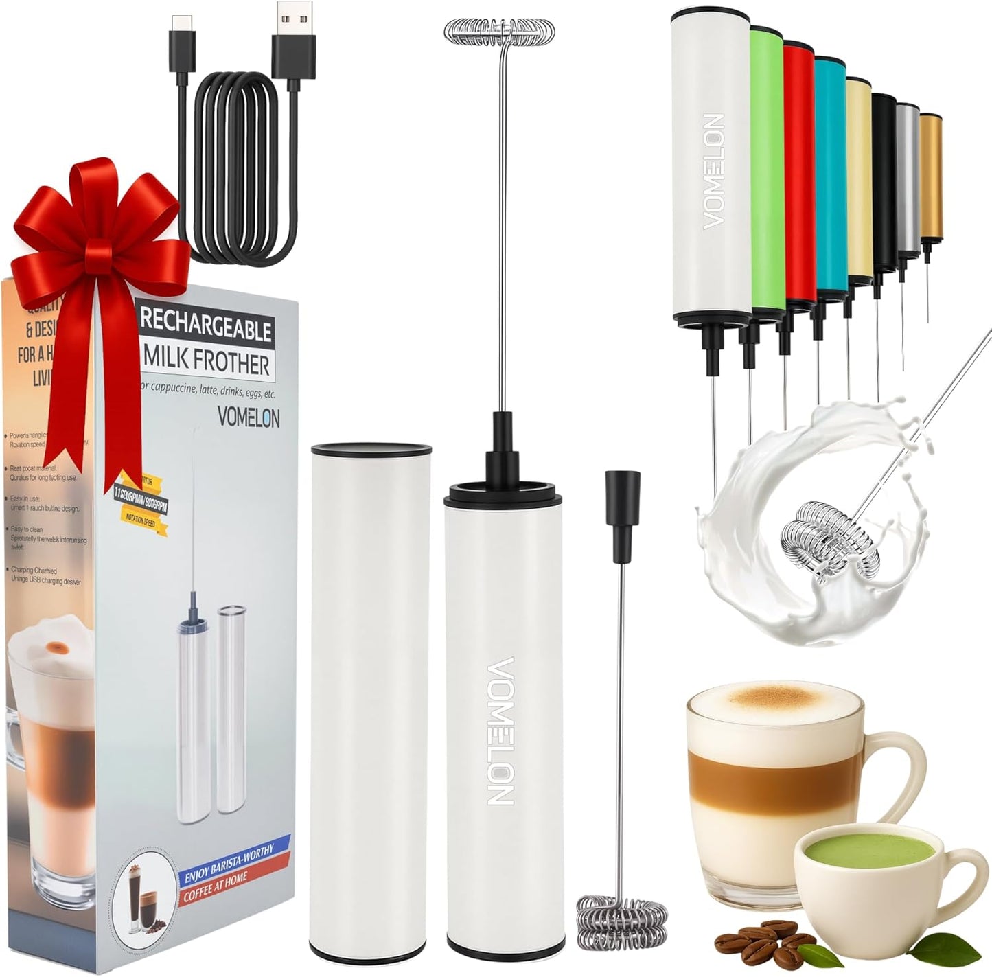 Milk Frother, Rechargeable Battery Operated Frother for Coffee,Portable Drink Mixer with 2 Stainless Steel Whisk Heads,Milk Foamer for Keto Coffee, Latte, Cappuccino, Hot Chocolate,White